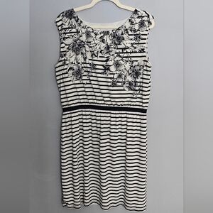 Loft Knit Dress Womens Sz L Black White Floral Striped Pullover Blouson Stretch